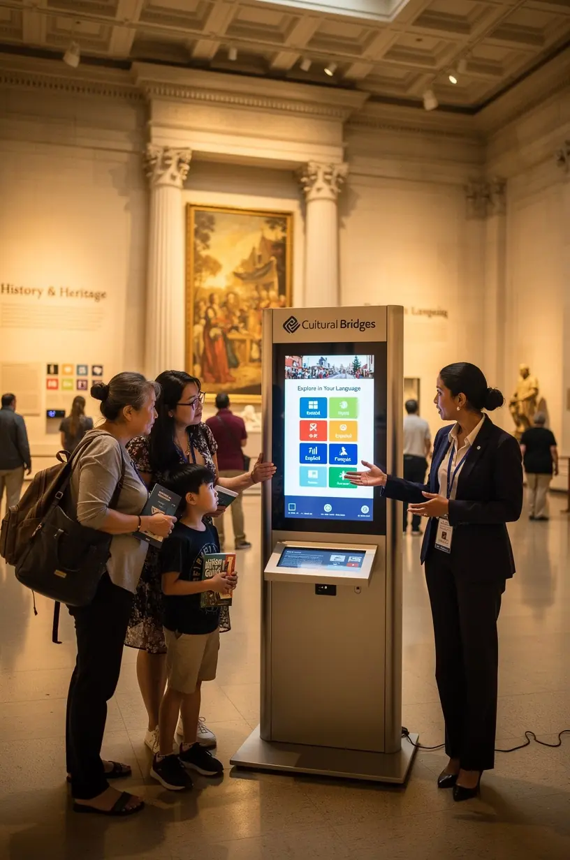 Посетитель использует портативное устройство для перевода в киоске туристической поддержки