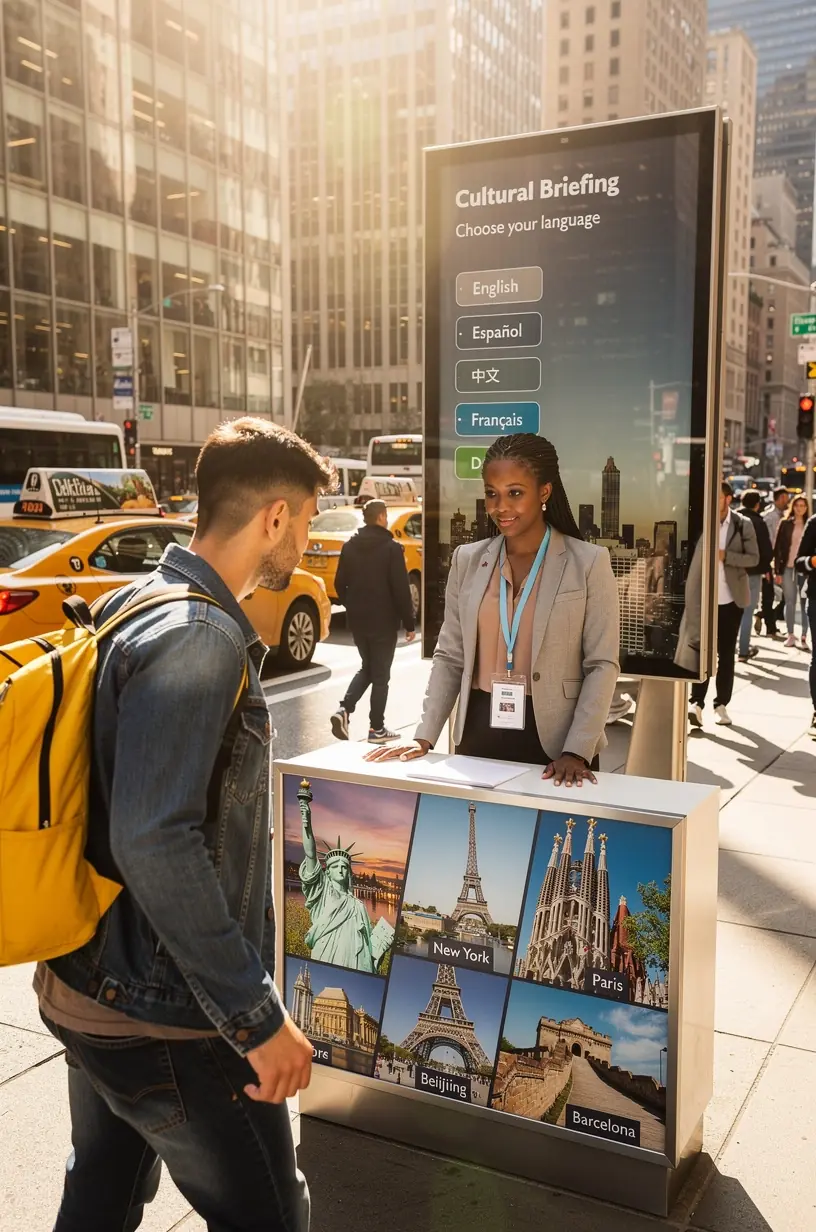 Очередь международных туристов ожидает персональную консультацию в киоске культурного брифинга