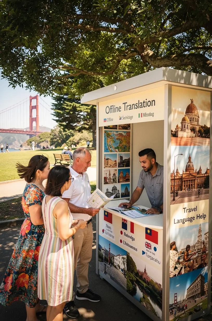 Плакат с полезными советами по путешествию и переводческими услугами для иностранных гостей США