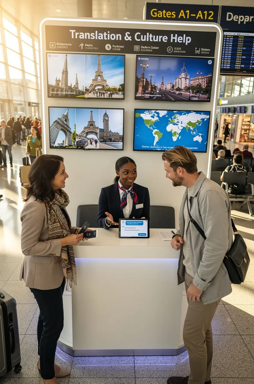 Панорамный вид на зону обслуживания туристов с многоязычными информационными табло